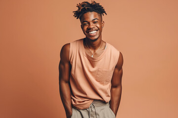 Obraz premium Young black man with stylish afro hair smiling in studio. Generative AI.