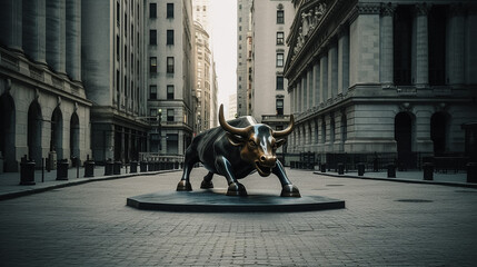 The bull of wall street, Charging Bull statue. Generative AI. - obrazy, fototapety, plakaty