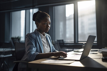 Fototapeta na wymiar Black woman using laptop in a dimly lit office. Generative AI