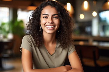 Cheerful Young Latin woman in Cafe. Generative AI.