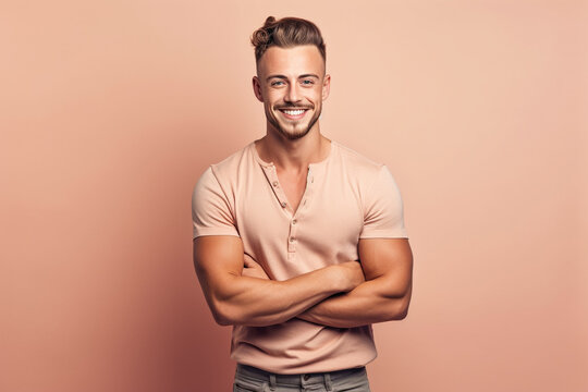 Handsome blond man with a goatee smiling with arms crossed on a pink background. Generative AI.