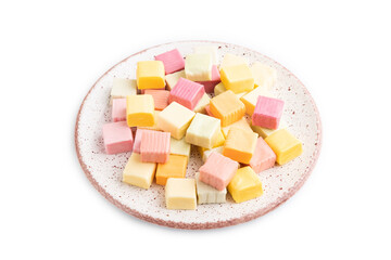 Various fruit jelly chewing candies isolated on white. apple, banana, tangerine, side view