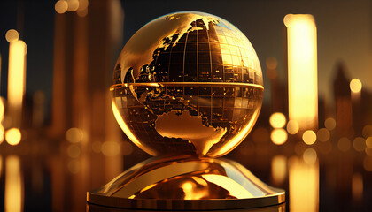A gold globe, earth finance concept economy global business, skyscrapers in the style of bokeh in the background, Ai generated image