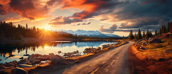 photo of a empty road leading to the lake by sunset, adventure-themed