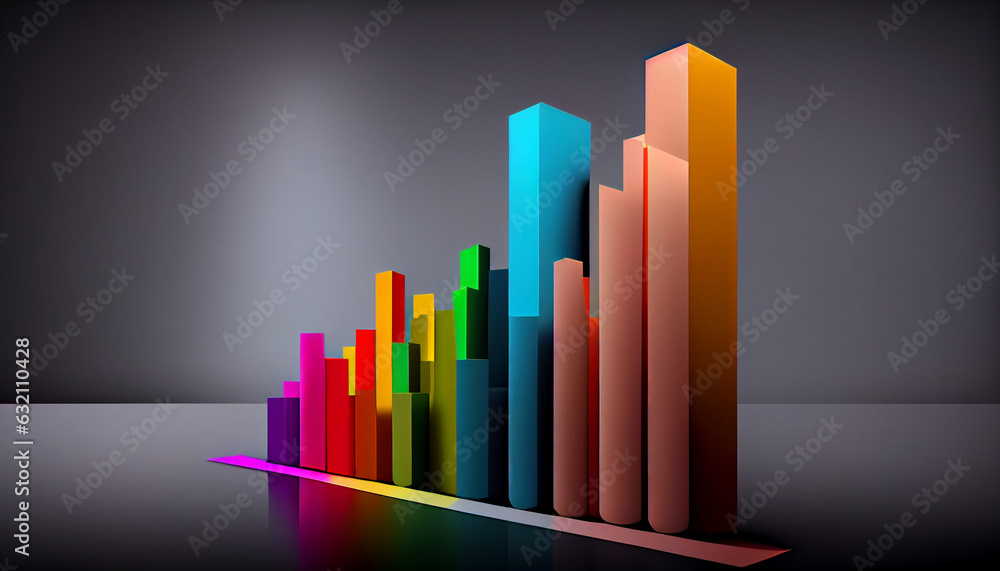 Poster abstract 3d growth chart ascending coloured bars on solid colour background, abstract graph, ai gene