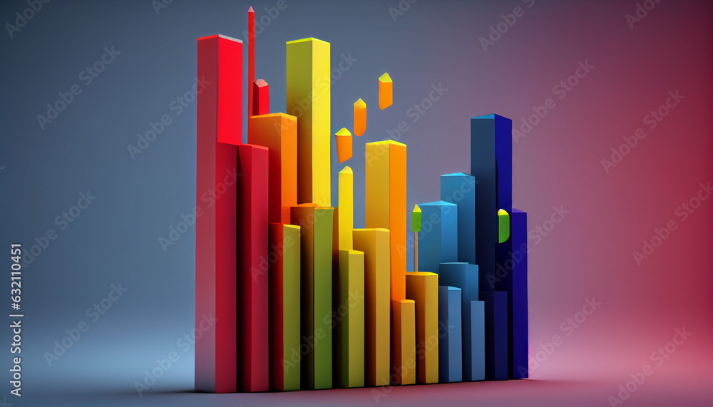 Poster abstract 3d growth chart ascending coloured bars on solid colour background, abstract graph, ai gene