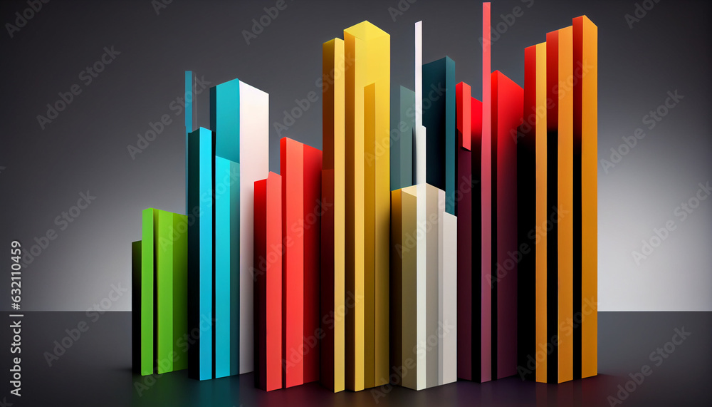 Poster abstract 3d growth chart ascending coloured bars on solid colour background, abstract graph, ai gene