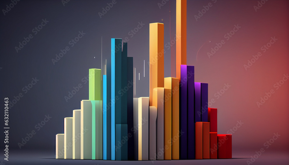 Poster abstract 3d growth chart ascending coloured bars on solid colour background, abstract graph, ai gene