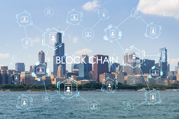City view of Downtown skyscrapers of Chicago skyline panorama over Lake Michigan, harbor area, day time, Chicago, Illinois, USA. Decentralized economy. Blockchain, cryptography concept, hologram