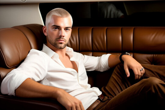 Blond man reclining on a leather bench. Generative AI.
