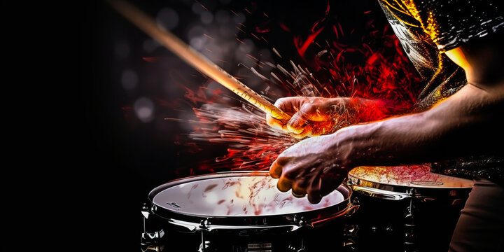 Energetic rock drummer's hands striking drum set, embodying powerful rhythm and emotion under pulsating digital light effects. Generative AI