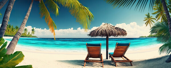 Two sun loungers on a tropical palm beach with white sand on background of turquoise ocean. Copy space