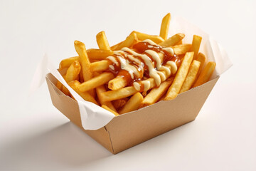 A box of french fries with ketchup and mayonnaise, white background, studio shot. Generative AI. - Powered by Adobe