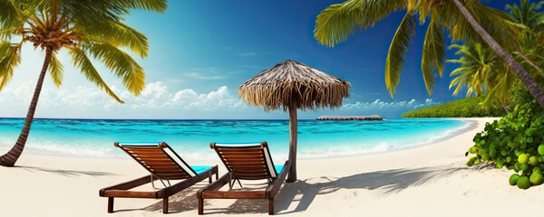Naklejka premium Two sun loungers on a tropical palm beach with white sand on background of turquoise ocean. Copy space