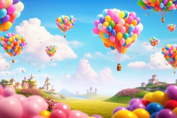 Happy Birthday celebration background pink and blue sky with empty space for text and balloons for congratulations , high quality photo 