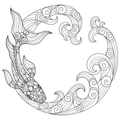 Sea waves and fish hand drawn for adult coloring book