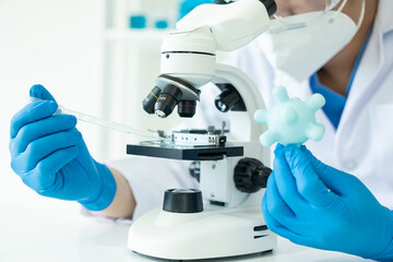 Medical Research Laboratory. Male scientist analyzing advanced science data for medical biotechnology development of microbiology laboratory researchers wearing gloves close-up image