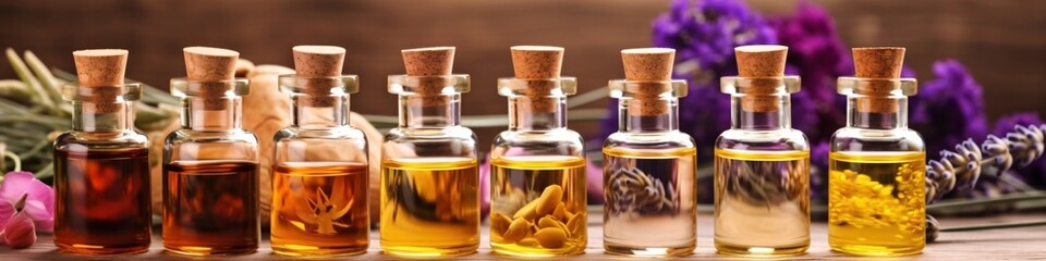 Assortment of natural oils in glass bottles. Concept of pure organic ingredients in cosmetology. Atmosphere of harmony, relax, spa. Spa still life with essential oils on table.  - obrazy, fototapety, plakaty