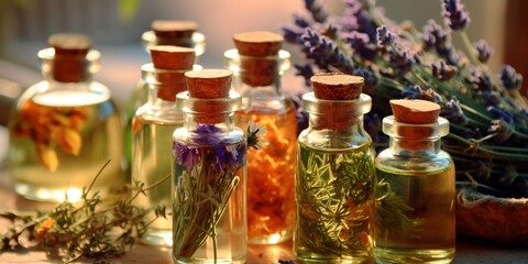 Assortment of natural oils in glass bottles. Concept of pure organic ingredients in cosmetology. Atmosphere of harmony, relax, spa. Spa still life with essential oils on table.  - obrazy, fototapety, plakaty