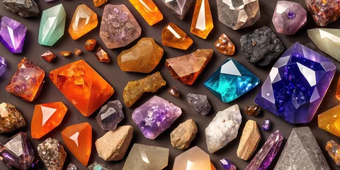 Foto op Plexiglas A lot of crystals and gemstones on a dark background. Natural minerals such as agate, amber, amethyst, quartz and others. A scattering of precious stones. Generative AI © Aleksei Solovev