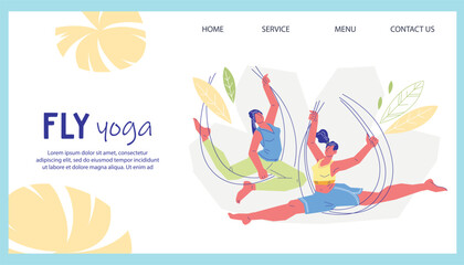 Fototapeta na wymiar Banner of fly or aerial yoga in a hammock, flat vector illustration on white background. Fly or aerial yoga fitness studio website banner template.