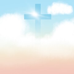 He is risen. Easter background.  Christian religious design for celebration. Сross in the sky among the clouds Christian illustration 