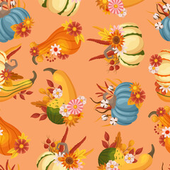 Fototapeta na wymiar Seamless Pattern with Autumn Floral Compositions Blend Vibrant Flowers With Charming Pumpkins, Vector Illustration