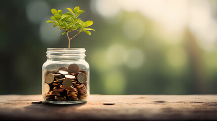 A small plant grows from a jar filled with coins, placed on a wooden surface. Symbolizing financial growth, investment, savings, and eco-friendly finance