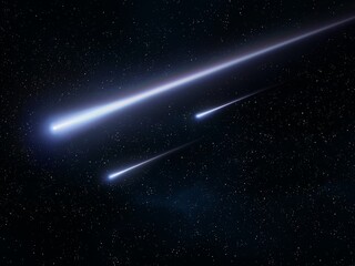 Meteors in the sky. Bright fireballs against the background of stars. Fall of meteorites. Beautiful shooting stars.