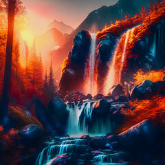 Beautiful mountain waterfall in the rays of the setting sun, autumn landscape
