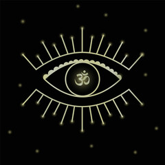 Golden eye with om symbol on black background. Mystical sign vector illustration for decoration.