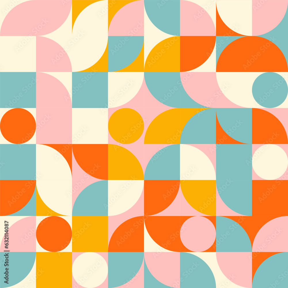 Poster Retro geometric aesthetics. Bauhaus and avant-garde inspired vector background with abstract simple shapes like circle, square, semi circle. Colorful pattern in nostalgic pastel colors.
