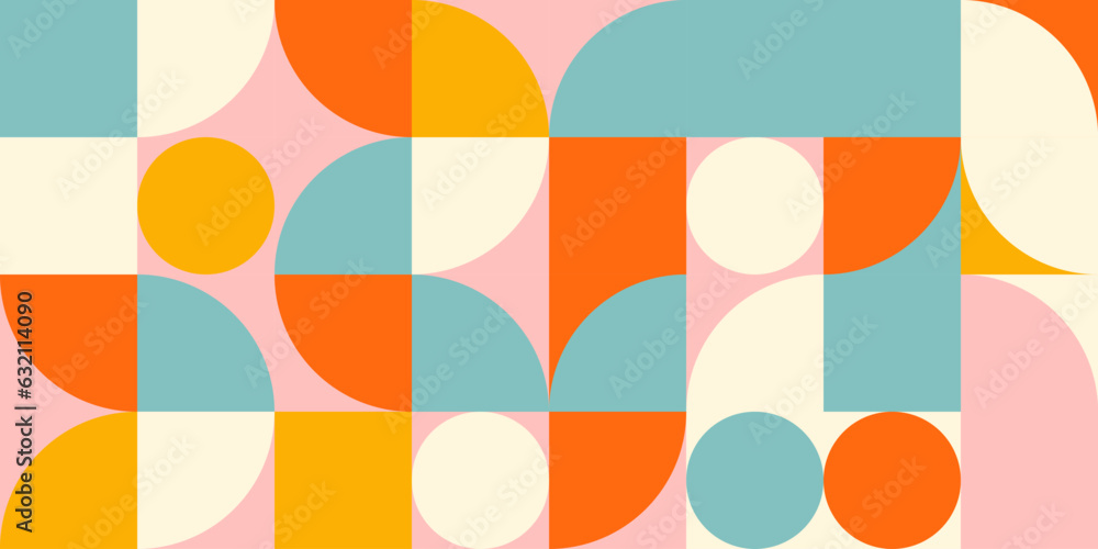 Leinwandbilder Retro geometric aesthetics. Bauhaus and avant-garde inspired vector background with abstract simple shapes like circle, square, semi circle. Colorful pattern in nostalgic pastel colors.