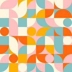 Retro geometric aesthetics. Bauhaus and avant-garde inspired vector background with abstract simple shapes like circle, square, semi circle. Colorful pattern in nostalgic pastel colors. - 632114087
