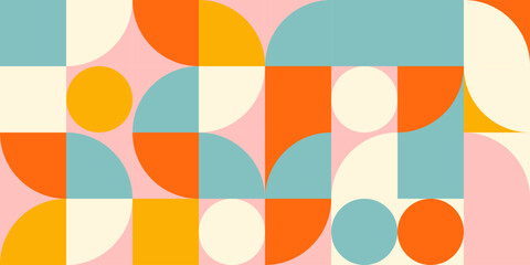 Retro geometric aesthetics. Bauhaus and avant-garde inspired vector background with abstract simple shapes like circle, square, semi circle. Colorful pattern in nostalgic pastel colors.