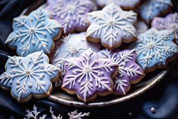 Pastel Christmas ginger bread cookies in the shape of snowflakes with icing