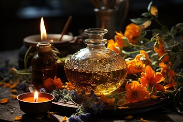Spa still life with candles and flowers. Magic potion with flowers and candles on dark background. Spa still life with lavender flowers and bottles of essential oil - obrazy, fototapety, plakaty