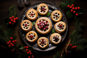 Obraz na płótnie Canvas Christmas Miniature Mince Pies with berries and Christmas decor