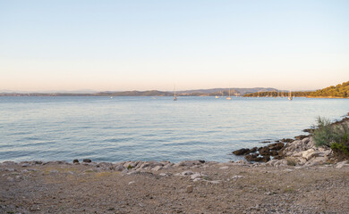 View from the island of Vrgada at sunset, Dalmatia, Croatia, sailboats, sea, coast