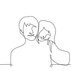 Man makes a selfie smiling with a girl who laid her head on his shoulder girdle - One Line Art Vector. Concept in love pair makes a selfie