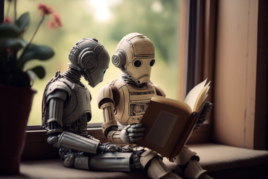 Inspiring scene of a humanoid robot and human intimately sharing a book. Captivating interplay of warm home colors, modern robot design, blurred background. Generative AI