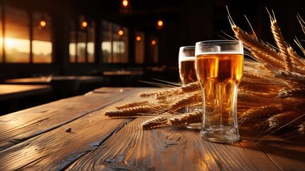 Beer With Wheat On Wooden Table