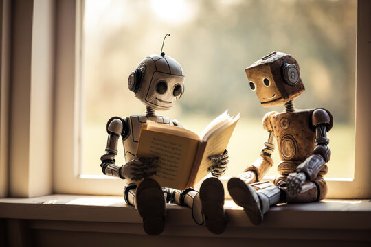 Enchanting humanoid robot and human sharing a book in warm, cozy window seat setting. Emotionally engaging scene of advanced technology appreciating human culture. Generative AI