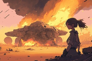 burning fire in the desert. Generative AI.