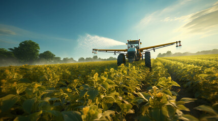 A low angle view capturing the efficiency and speed of a tractor spraying pesticides on a soybean field