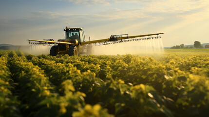 A low angle view capturing the efficiency and speed of a tractor spraying pesticides on a soybean...