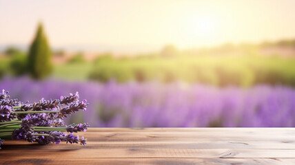 Rural cottage core lavender field in blossom blooming aromatherapy spa landscape with copy space product montage display wooden table.