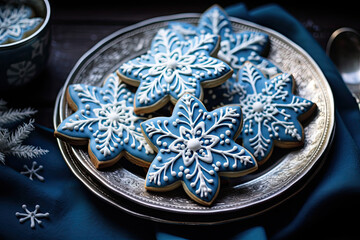 Obraz na płótnie Canvas Homemade gingerbread blue Christmas cookies with icing in the shape of a snowflake