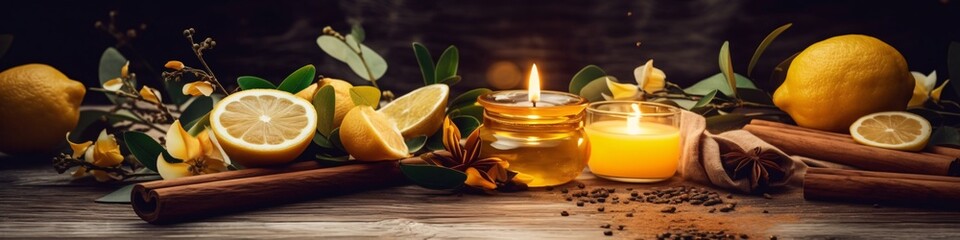 Spa still life with lemon, honey, cinnamon and anise.  - obrazy, fototapety, plakaty