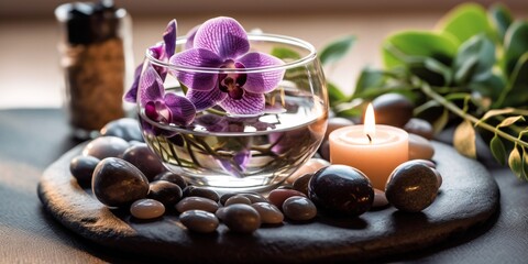 Spa still life with purple orchid, candles and pebbles